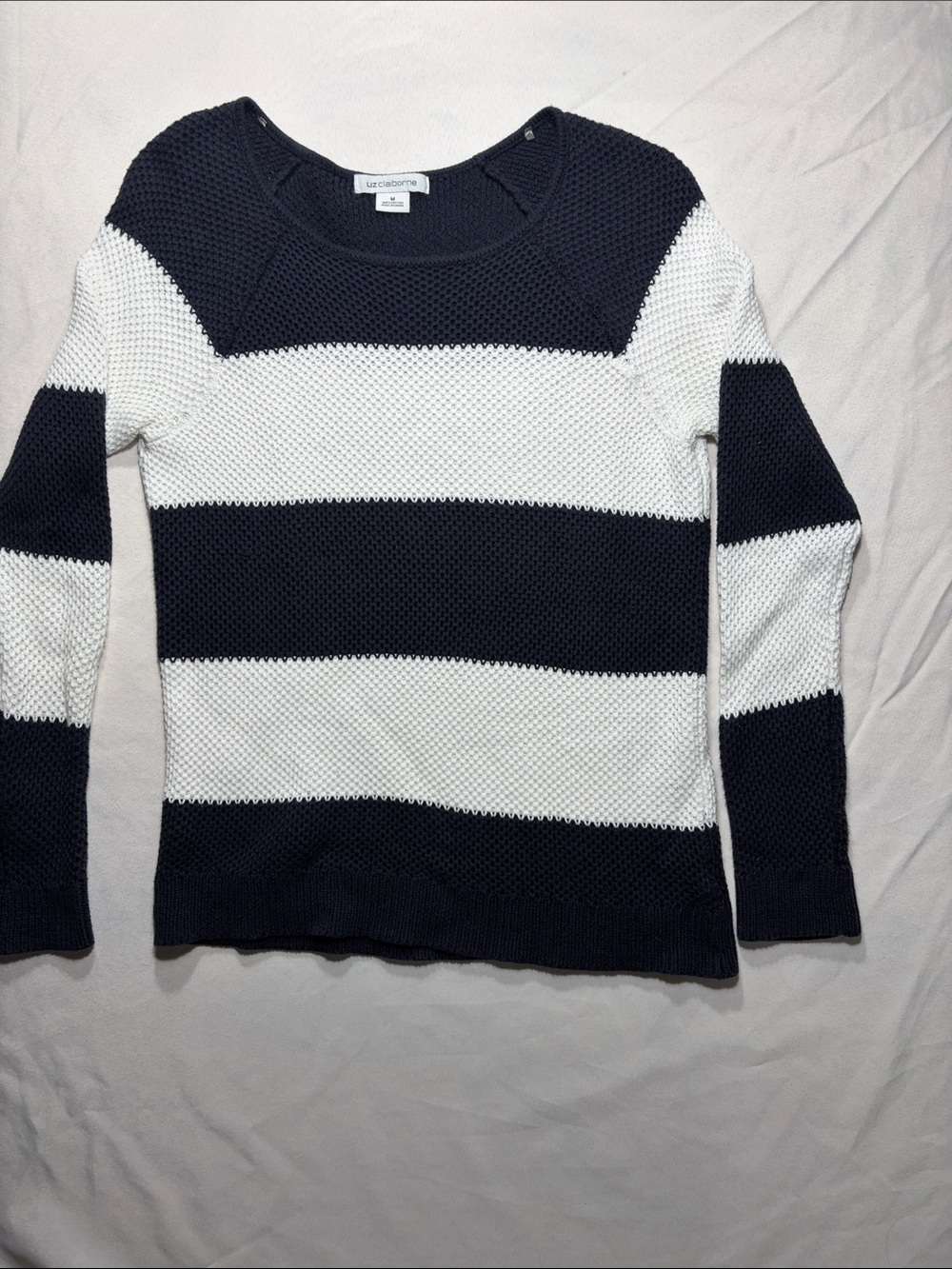 Liz Claiborne Navy and White Wide-Stripe Crewneck Sweater